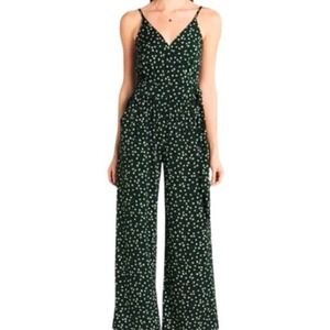 Kaileigh Women's Med Jumpsuit Green Floral Print Wide Leg Pockets